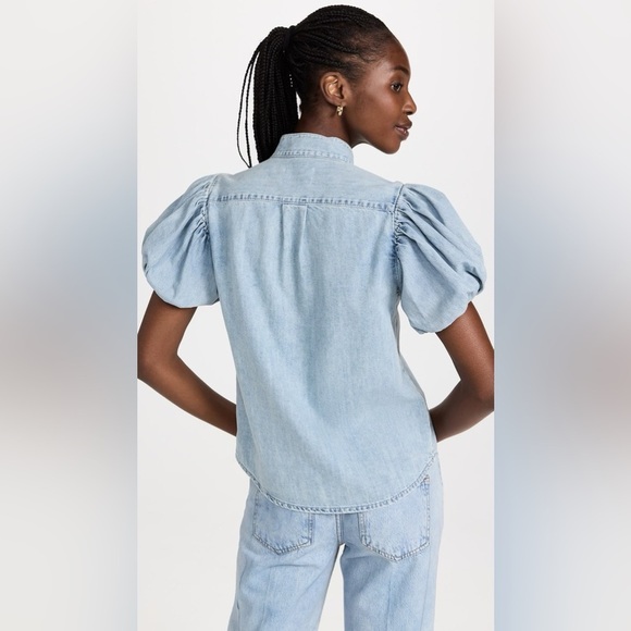 FRAME  Pleated Puff Sleeve Top in Cresthaven - Picture 2 of 11